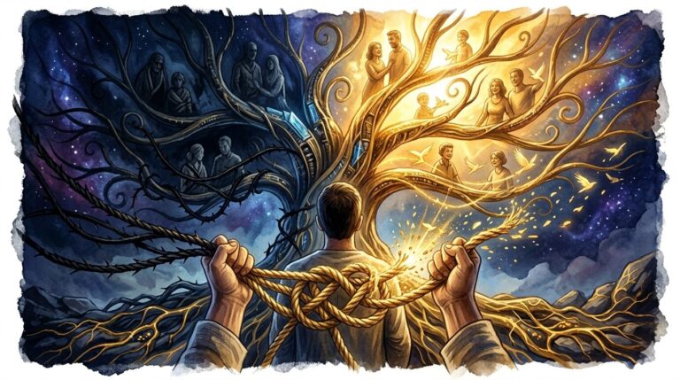 Ilustración simbólica de un árbol genealógico con figuras humanas y luz dorada, representando la transformación de una maldición familiar en sanación sistémica.